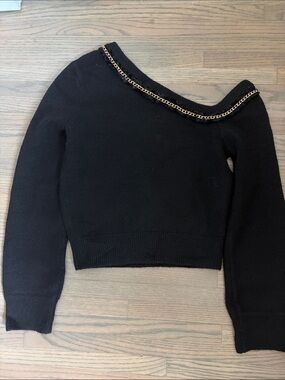 Endless Rose Black Off-the-Shoulder Sweater with Gold Chain Trim